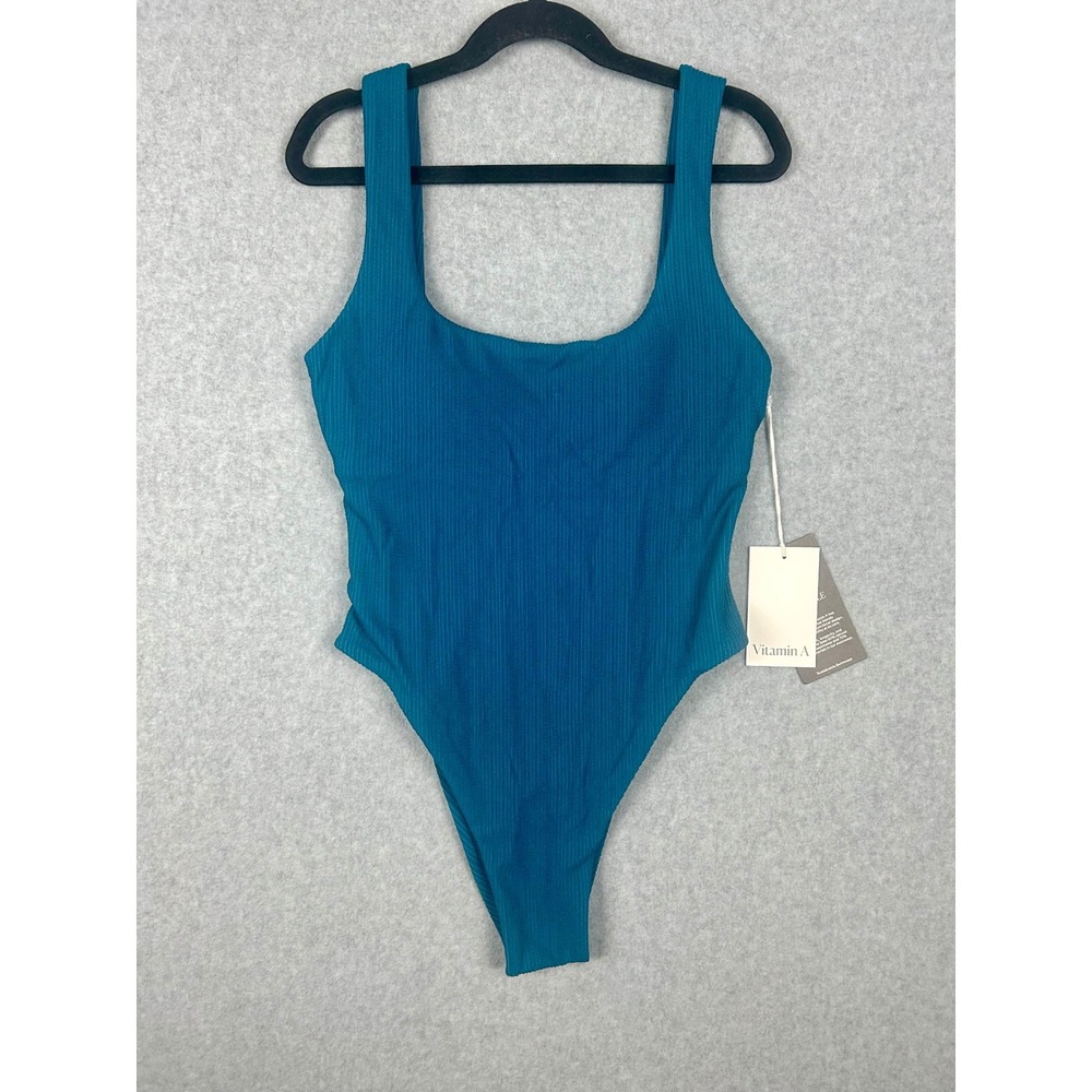 Vitamin A Reese One Piece Swimsuit EcoRib Scoop Back Teal High Cut Size M NWT